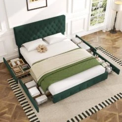 Green Full Linen Upholstered Storage Platform Bed Frame With Headboard -Jearey green jearey platform beds slssfy green 31 1000