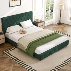 Green Queen Linen Upholstered Storage Platform Bed Frame With Headboard