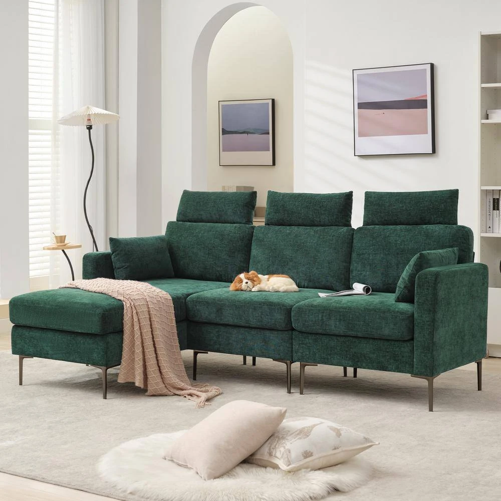 89 In. Square Arm Fabric L Shape Sectional Sofa With Chaise Lounge And Pillow In Green 6 89 In. Square Arm Fabric L Shape Sectional Sofa With Chaise Lounge And Pillow In Green - Image 6