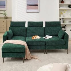 89 In. Square Arm Fabric L Shape Sectional Sofa With Chaise Lounge And Pillow In Green