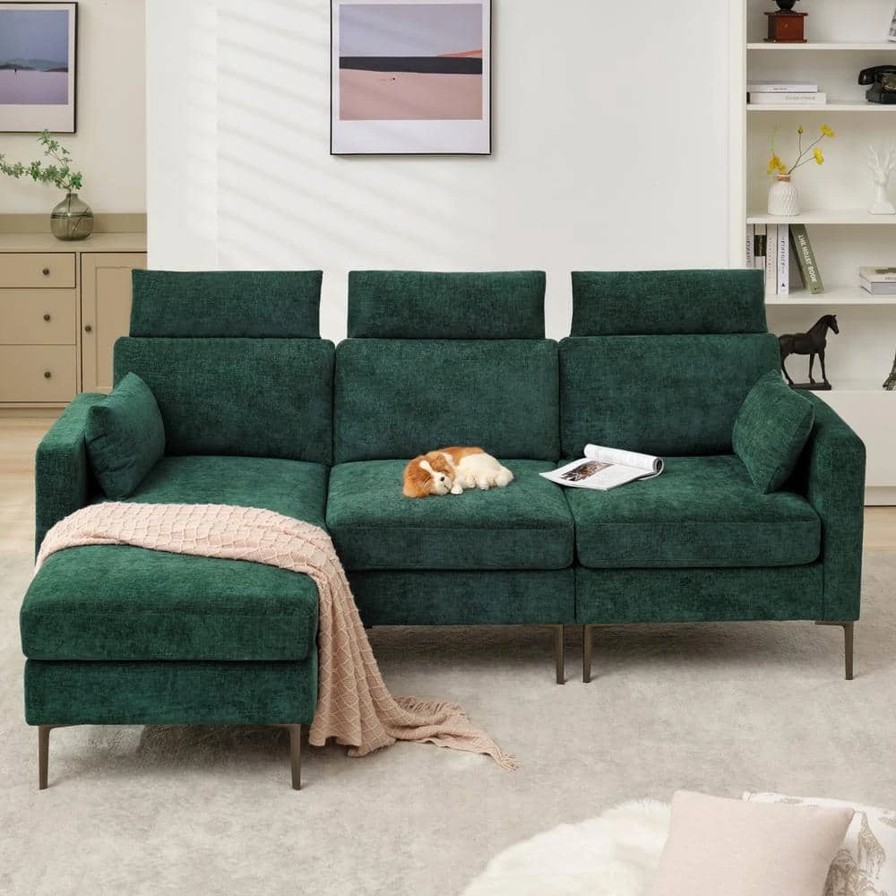 89 In. Square Arm Fabric L Shape Sectional Sofa With Chaise Lounge And Pillow In Green 1 89 In. Square Arm Fabric L Shape Sectional Sofa With Chaise Lounge And Pillow In Green