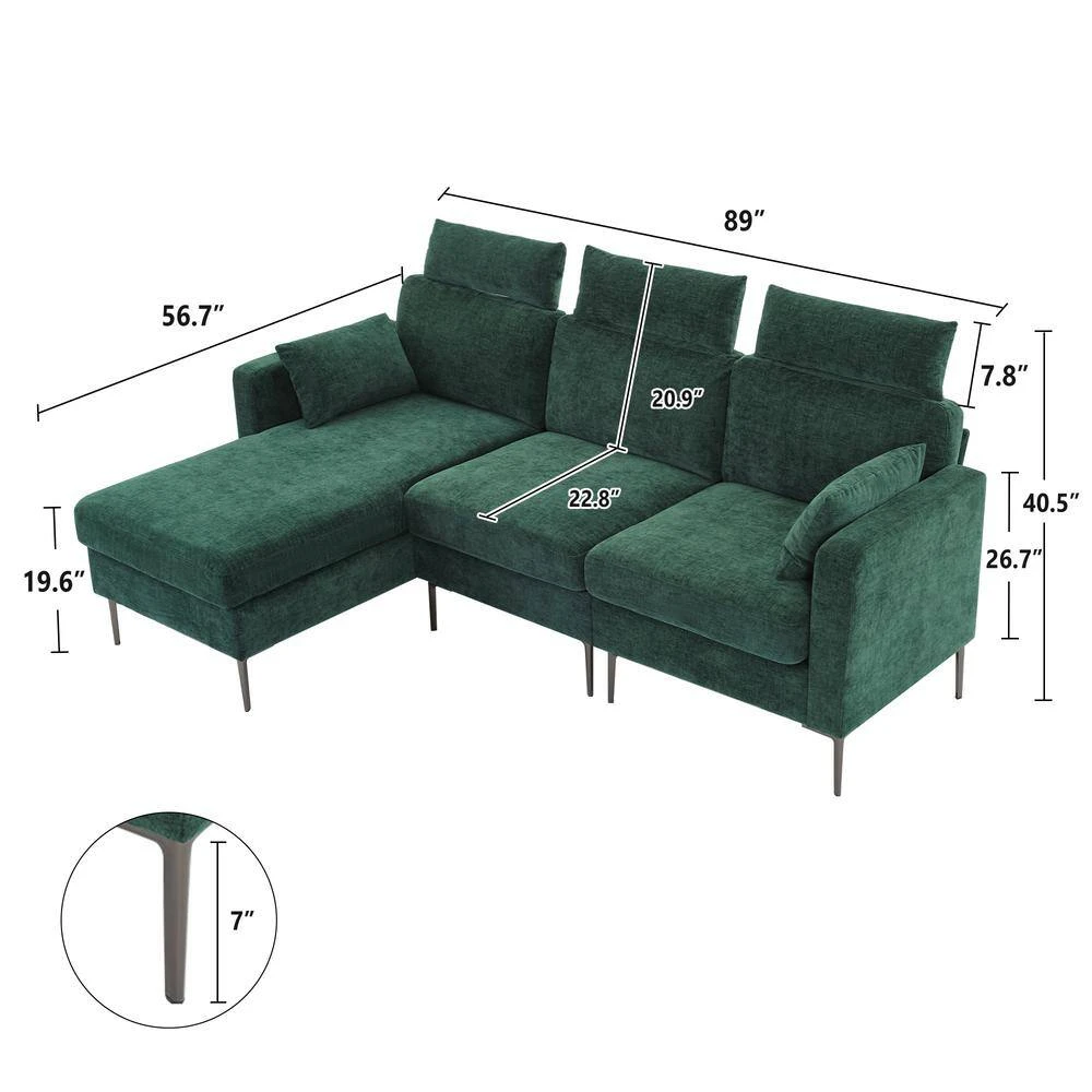 89 In. Square Arm Fabric L Shape Sectional Sofa With Chaise Lounge And Pillow In Green 3 89 In. Square Arm Fabric L Shape Sectional Sofa With Chaise Lounge And Pillow In Green - Image 3