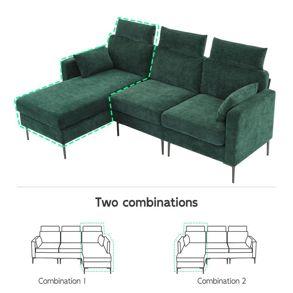 89 In. Square Arm Fabric L Shape Sectional Sofa With Chaise Lounge And Pillow In Green 2 89 In. Square Arm Fabric L Shape Sectional Sofa With Chaise Lounge And Pillow In Green - Image 2