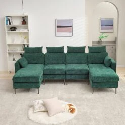 116.53 In. Square Arm Fabric U Shape Sectional Sofa With 2-Chaise Lounge And Pillow In Green -Jearey green jearey sofas couches xne 2 green 1f 1000