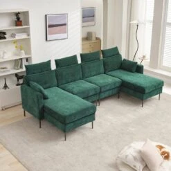 116.53 In. Square Arm Fabric U Shape Sectional Sofa With 2-Chaise Lounge And Pillow In Green -Jearey green jearey sofas couches xne 2 green 31 1000