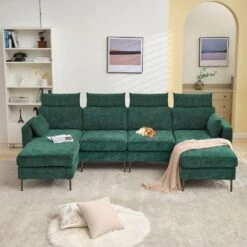 116.53 In. Square Arm Fabric U Shape Sectional Sofa With 2-Chaise Lounge And Pillow In Green