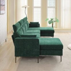 116.53 In. Square Arm Fabric U Shape Sectional Sofa With 2-Chaise Lounge And Pillow In Green -Jearey green jearey sofas couches xne 2 green c3 1000