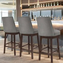29.53 In Back Swivel Velvet Grey Bar Stool With Rubber Wood Frame (Set Of 2) -Jearey grey jearey bar stools e22gby hd gy 31 1000