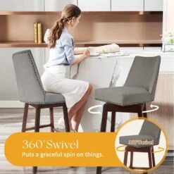 29.53 In Back Swivel Velvet Grey Bar Stool With Rubber Wood Frame (Set Of 2) -Jearey grey jearey bar stools e22gby hd gy 4f 1000
