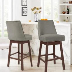 29.53 In Back Swivel Velvet Grey Bar Stool With Rubber Wood Frame (Set Of 2)