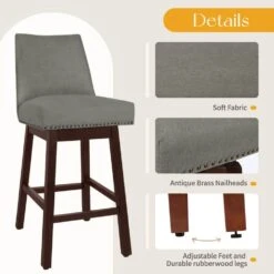29.53 In Back Swivel Velvet Grey Bar Stool With Rubber Wood Frame (Set Of 2) -Jearey grey jearey bar stools e22gby hd gy c3 1000