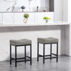 Peel Modern 24 In. Counter Height Faux Leather Grey Metal Bar Stools For Kitchen (Set Of 2)