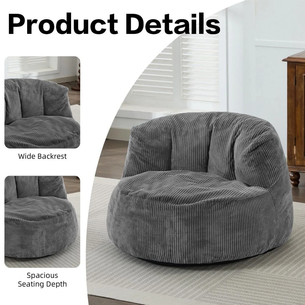 Modern Corduroy Polyester Medium Memory Foam Grey Backrest Style Bean Bag 4 Modern Corduroy Polyester Medium Memory Foam Grey Backrest Style Bean Bag - Image 4
