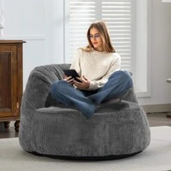 Corduroy Polyester Medium Memory Foam Grey Backrest Style Bean Bag
