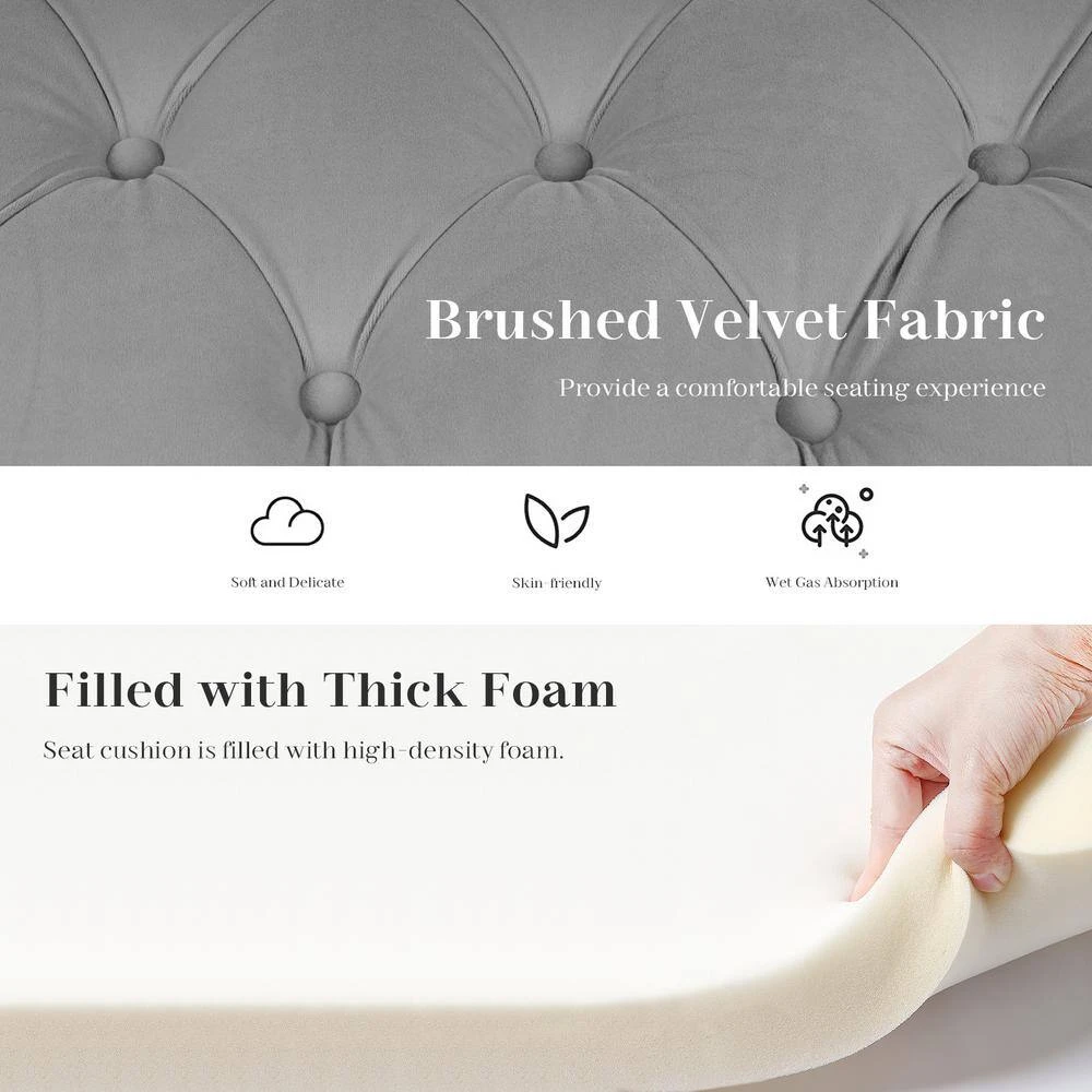 48.43 In. W X 17.72 In. D X 19.29 In. H Grey Tufted Brushed Velvet Armed Storage Bedroom Bench With Rubberwood Legs 6 48.43 In. W X 17.72 In. D X 19.29 In. H Grey Tufted Brushed Velvet Armed Storage Bedroom Bench With Rubberwood Legs - Image 6