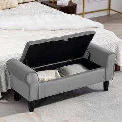 48.43 In. W X 17.72 In. D X 19.29 In. H Grey Tufted Brushed Velvet Armed Storage Bedroom Bench With Rubberwood Legs 17 48.43 In. W X 17.72 In. D X 19.29 In. H Grey Tufted Brushed Velvet Armed Storage Bedroom Bench With Rubberwood Legs -Jearey grey jearey bedroom benches e92cwd hd gy 31 1000