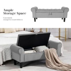 48.43 In. W X 17.72 In. D X 19.29 In. H Grey Tufted Brushed Velvet Armed Storage Bedroom Bench With Rubberwood Legs 15 48.43 In. W X 17.72 In. D X 19.29 In. H Grey Tufted Brushed Velvet Armed Storage Bedroom Bench With Rubberwood Legs -Jearey grey jearey bedroom benches e92cwd hd gy 44 1000