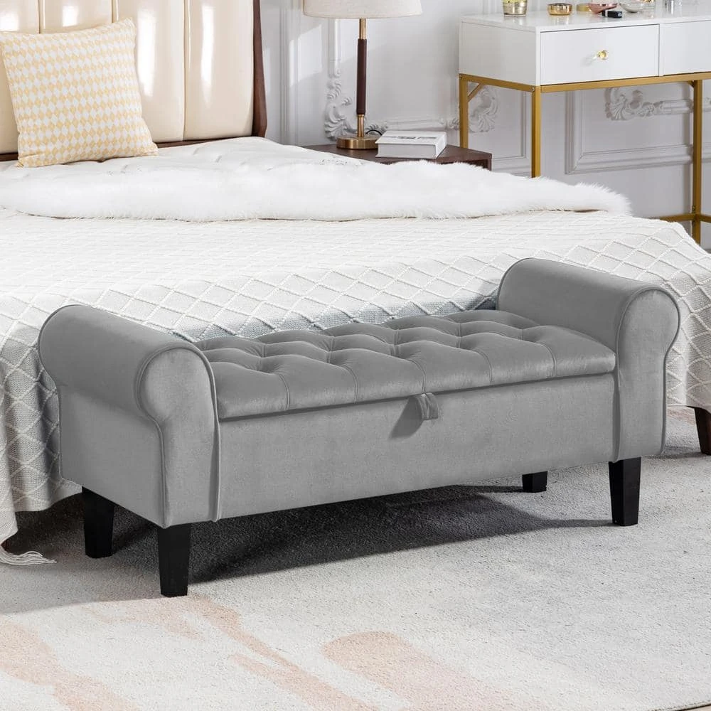 48.43 In. W X 17.72 In. D X 19.29 In. H Grey Tufted Brushed Velvet Armed Storage Bedroom Bench With Rubberwood Legs 1 48.43 In. W X 17.72 In. D X 19.29 In. H Grey Tufted Brushed Velvet Armed Storage Bedroom Bench With Rubberwood Legs