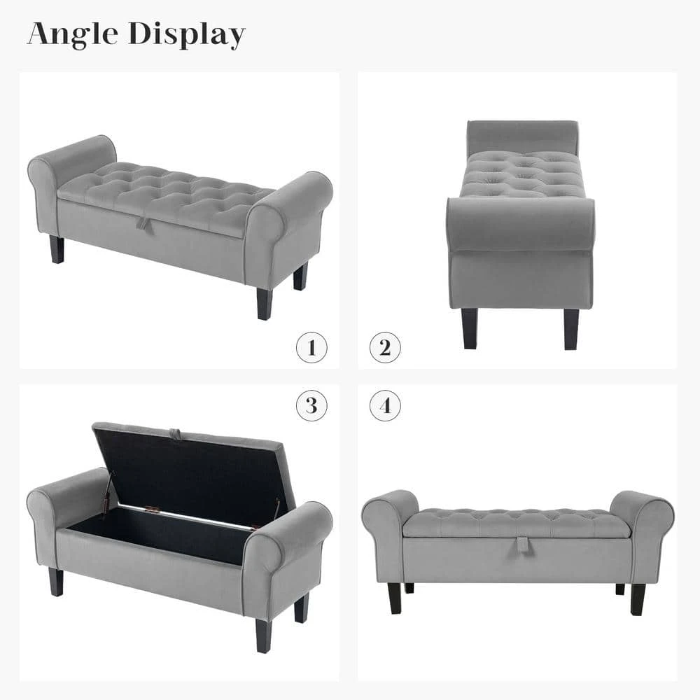 48.43 In. W X 17.72 In. D X 19.29 In. H Grey Tufted Brushed Velvet Armed Storage Bedroom Bench With Rubberwood Legs 3 48.43 In. W X 17.72 In. D X 19.29 In. H Grey Tufted Brushed Velvet Armed Storage Bedroom Bench With Rubberwood Legs - Image 3