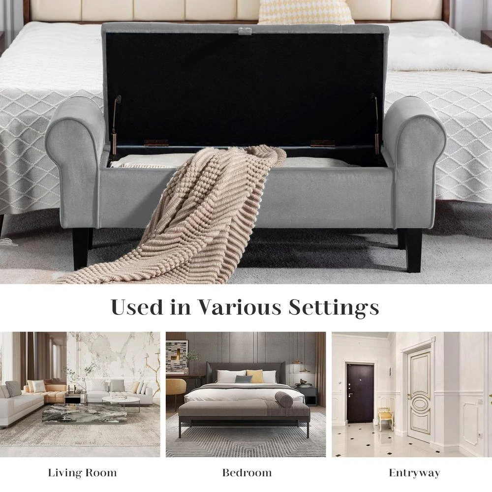 48.43 In. W X 17.72 In. D X 19.29 In. H Grey Tufted Brushed Velvet Armed Storage Bedroom Bench With Rubberwood Legs 4 48.43 In. W X 17.72 In. D X 19.29 In. H Grey Tufted Brushed Velvet Armed Storage Bedroom Bench With Rubberwood Legs - Image 4
