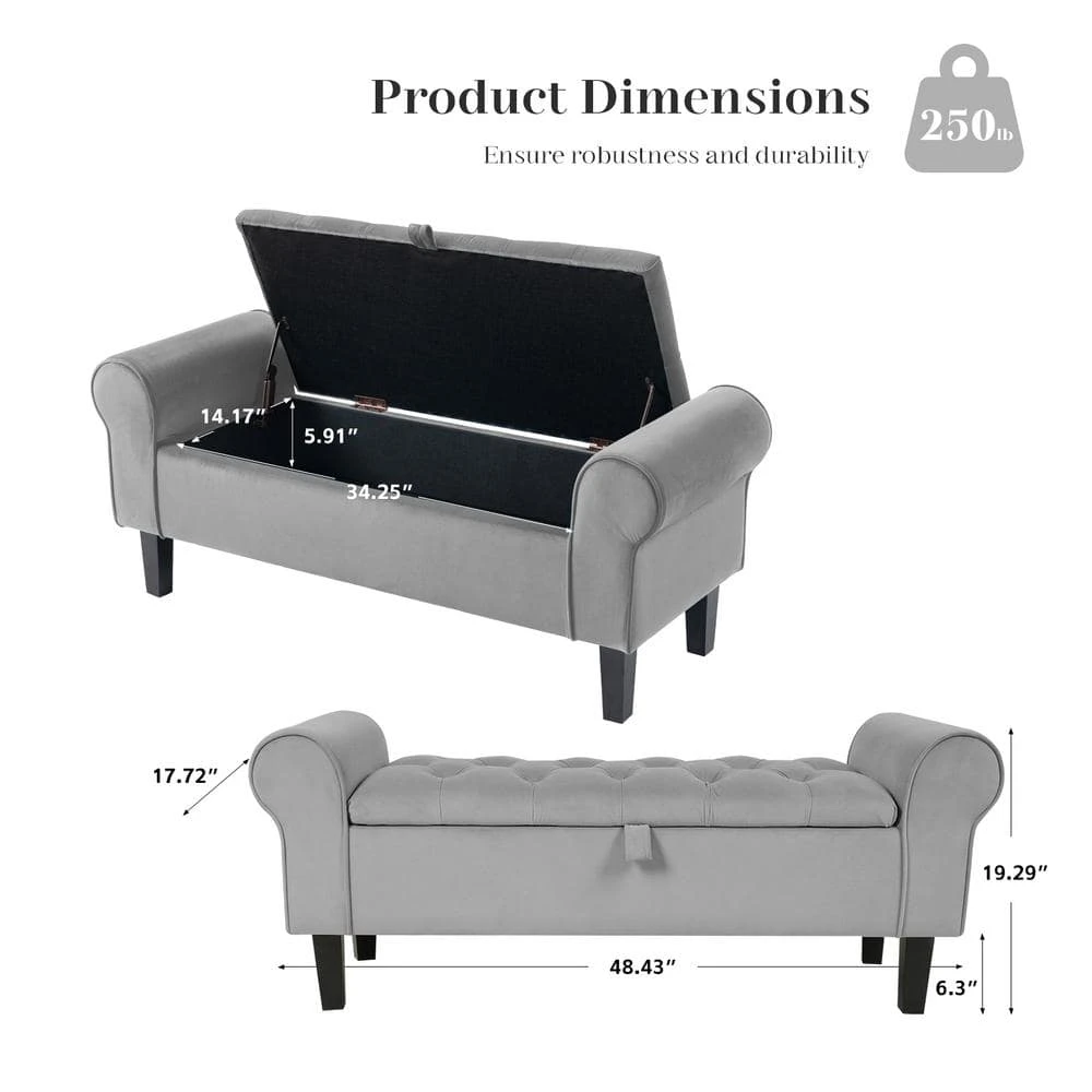 48.43 In. W X 17.72 In. D X 19.29 In. H Grey Tufted Brushed Velvet Armed Storage Bedroom Bench With Rubberwood Legs 2 48.43 In. W X 17.72 In. D X 19.29 In. H Grey Tufted Brushed Velvet Armed Storage Bedroom Bench With Rubberwood Legs - Image 2