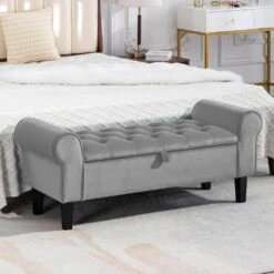 48.43 In. W X 17.72 In. D X 19.29 In. H Grey Tufted Brushed Velvet Armed Storage Bedroom Bench With Rubberwood Legs 16 48.43 In. W X 17.72 In. D X 19.29 In. H Grey Tufted Brushed Velvet Armed Storage Bedroom Bench With Rubberwood Legs -Jearey grey jearey bedroom benches e92cwd hd gy fa 1000