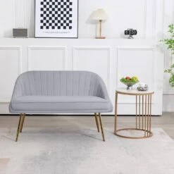 Modern 48 In. Golden Base Velvet Tufted 2-Seats Grey Loveseat Sofa For Living Room Furniture Sets -Jearey grey jearey loveseats e15sry hd gy 31 1000