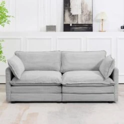 Modern Grey Corduroy Loveseat With Two Pillows For Living