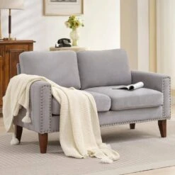Sanfe 57 In. Grey Solid Fabric 2-Seat Loveseat With Nailhead -Jearey grey jearey loveseats sfrm 2 grey 31 1000