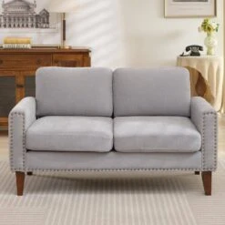 Sanfe 57 In. Grey Solid Fabric 2-Seat Loveseat With Nailhead