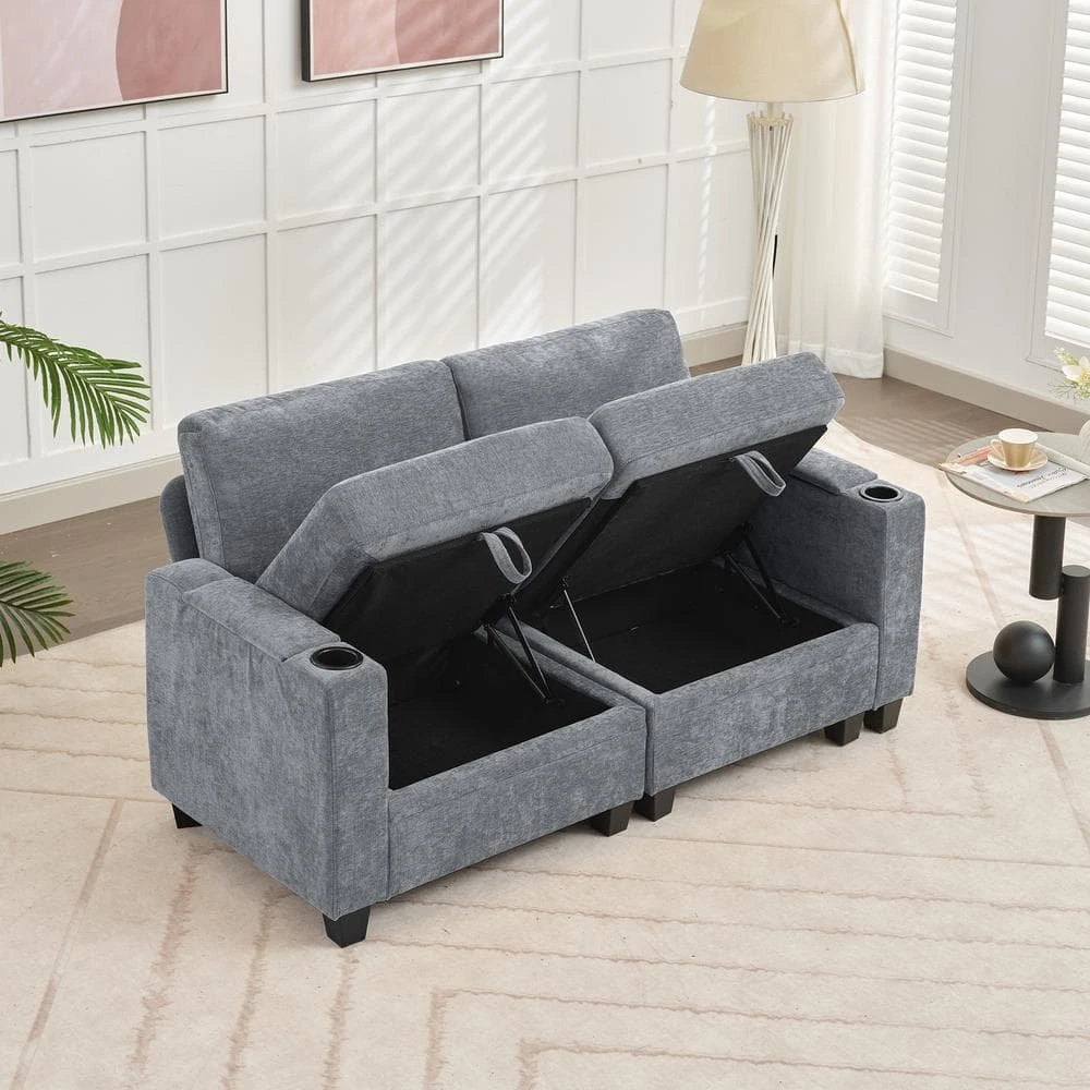 Modern 64.6 In Grey Chenille Storage Loveseat With Cup Holder And Ottoman For Living 5 Modern 64.6 In Grey Chenille Storage Loveseat With Cup Holder And Ottoman For Living - Image 5