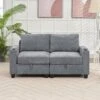 Modern 64.6 In Grey Chenille Storage Loveseat With Cup Holder And Ottoman For Living