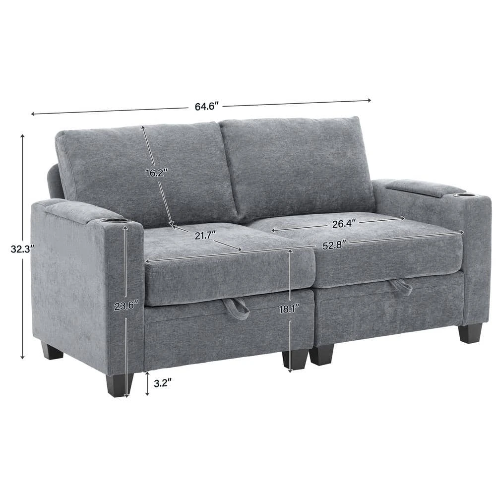 Modern 64.6 In Grey Chenille Storage Loveseat With Cup Holder And Ottoman For Living 2 Modern 64.6 In Grey Chenille Storage Loveseat With Cup Holder And Ottoman For Living - Image 2