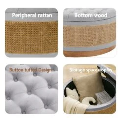 Grey Linen Tufted Rattan Round Storage Ottoman For Bedroom And Living Room -Jearey grey jearey ottomans xgjd grey 1f 1000