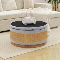 Grey Linen Tufted Rattan Round Storage Ottoman For Bedroom And Living Room -Jearey grey jearey ottomans xgjd grey 31 1000