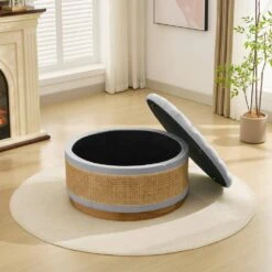 Grey Linen Tufted Rattan Round Storage Ottoman For Bedroom And Living Room -Jearey grey jearey ottomans xgjd grey 44 1000