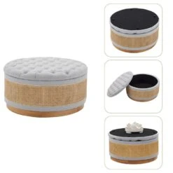 Grey Linen Tufted Rattan Round Storage Ottoman For Bedroom And Living Room -Jearey grey jearey ottomans xgjd grey 4f 1000