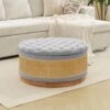 Grey Linen Tufted Rattan Round Storage Ottoman For Bedroom And Living Room