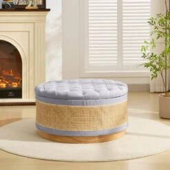 Grey Linen Tufted Rattan Round Storage Ottoman For Bedroom And Living Room -Jearey grey jearey ottomans xgjd grey 66 1000