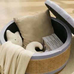 Grey Linen Tufted Rattan Round Storage Ottoman For Bedroom And Living Room -Jearey grey jearey ottomans xgjd grey 76 1000