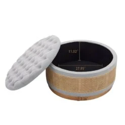 Grey Linen Tufted Rattan Round Storage Ottoman For Bedroom And Living Room -Jearey grey jearey ottomans xgjd grey c3 1000