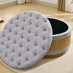 Grey Linen Tufted Rattan Round Storage Ottoman For Bedroom And Living Room -Jearey grey jearey ottomans xgjd grey fa 1000
