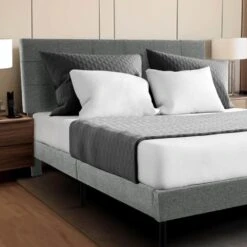 Alex Light Grey Queen Upholstered Platform Bed Frame With Headboard