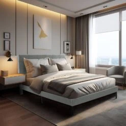 Alex Grey Full Upholstered Platform Bed Frame With Headboard -Jearey grey jearey platform beds e111cj full grey 31 1000