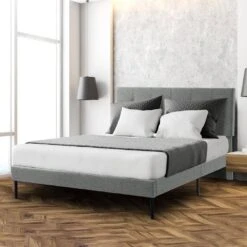 Alex Grey Twin Upholstered Platform Bed Frame With Headboard