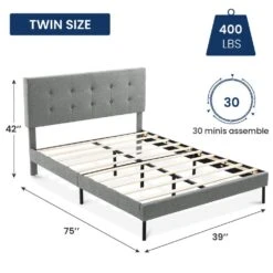 Alex Grey Twin Upholstered Platform Bed Frame With Headboard -Jearey grey jearey platform beds e111cj twin grey 66 1000