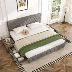 Grey King Linen Upholstered Storage Platform Bed Frame With Headboard 11 Grey King Linen Upholstered Storage Platform Bed Frame With Headboard -Jearey grey jearey platform beds e11xxy 2 dg 31 1000