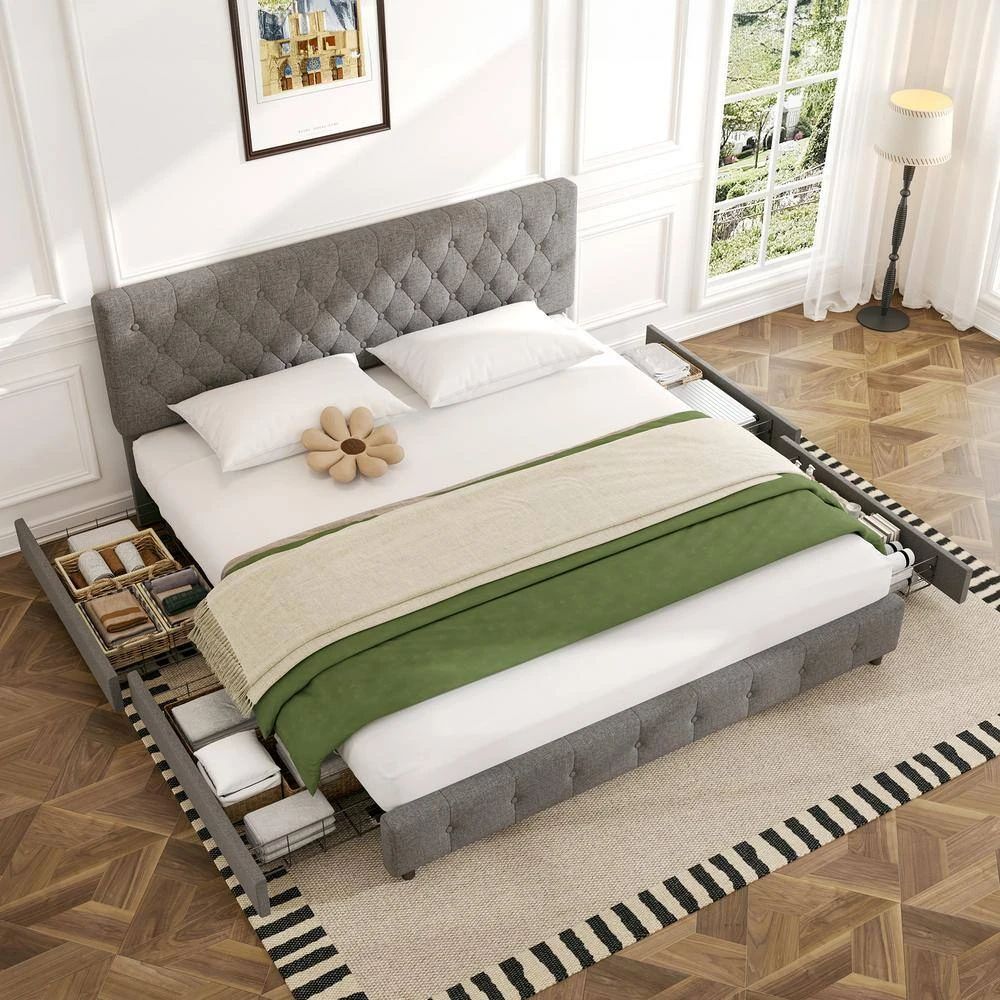Grey King Linen Upholstered Storage Platform Bed Frame With Headboard 6 Grey King Linen Upholstered Storage Platform Bed Frame With Headboard - Image 6