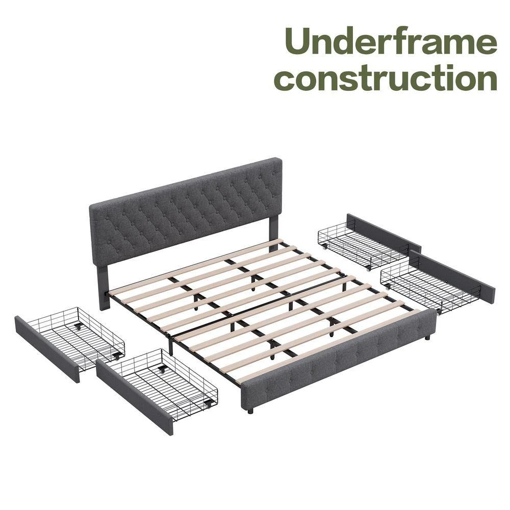 Grey King Linen Upholstered Storage Platform Bed Frame With Headboard 4 Grey King Linen Upholstered Storage Platform Bed Frame With Headboard - Image 4