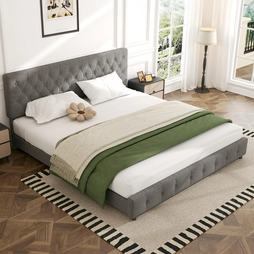 Grey King Linen Upholstered Storage Platform Bed Frame With Headboard 1 Grey King Linen Upholstered Storage Platform Bed Frame With Headboard
